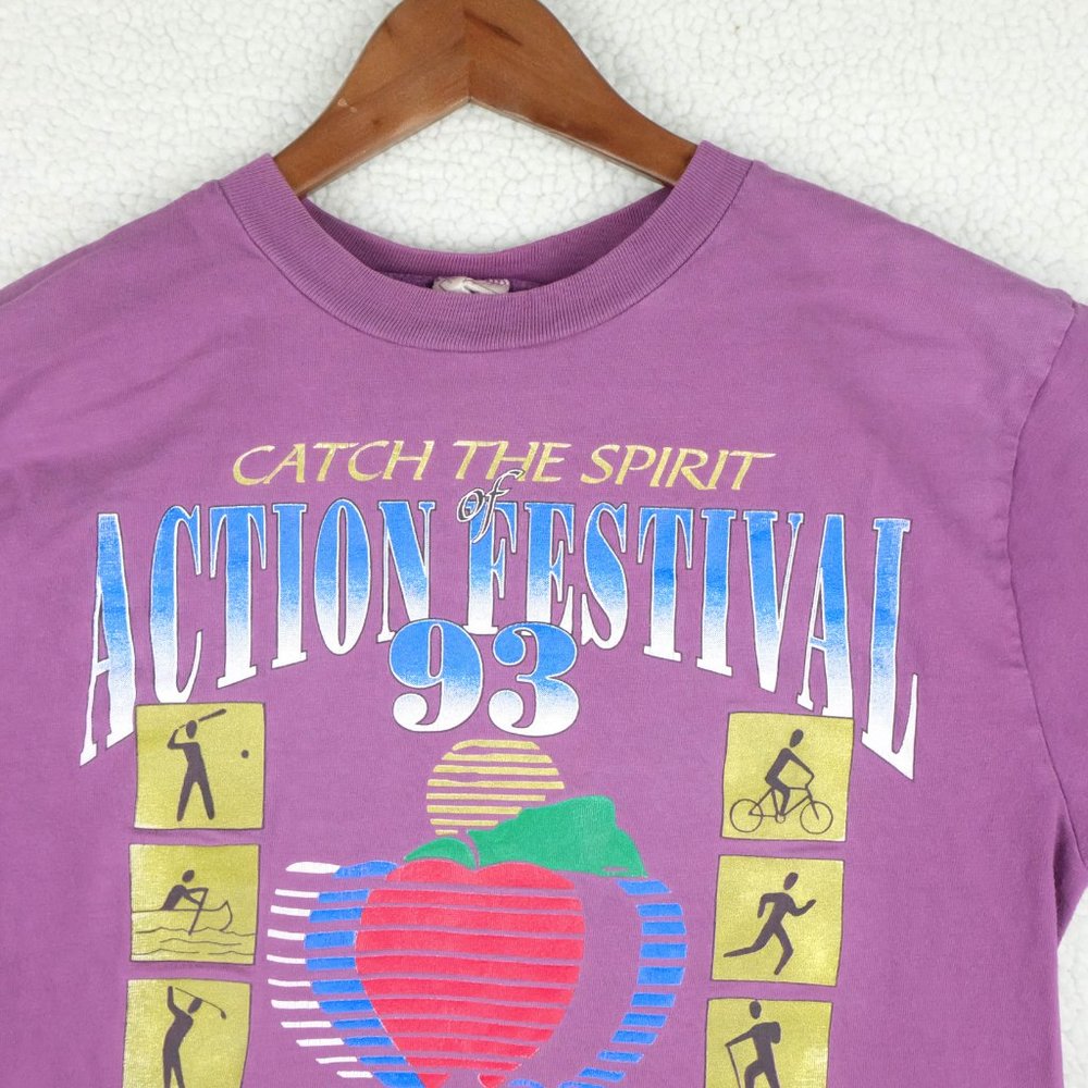 Vintage T Shirt Womens Small Purple Short Sleeve Crew Sporty Festival Summer 90s - Picture 3 of 11